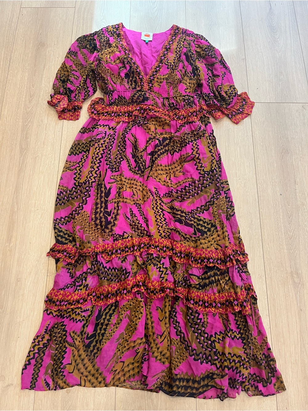 FARM Rio Fuchsia Pink and Brown Abstract Print V-Neck Dress Maxi L Large Chiffon - Picture 3 of 8